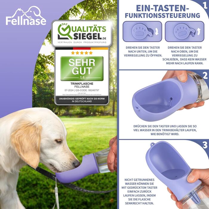 Турботрінка для собак Fellnase - 550 мл, з підставкою та годівницею, проти проливання, для собак та котів, з клапаном зворотного ходу води, колір лавандовий