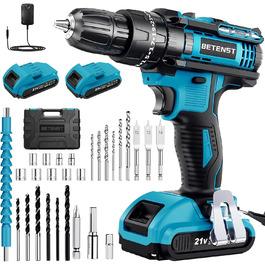 Акумуляторний шуруповерт BETENST 21V з 2 акумуляторами 2.0Ah, 42Nm, 25+3 ступені крутного моменту, 2 швидкості, LED-ліхтар, 30-ти елементний набір для дому та саду, DIY проєкти, блакитний