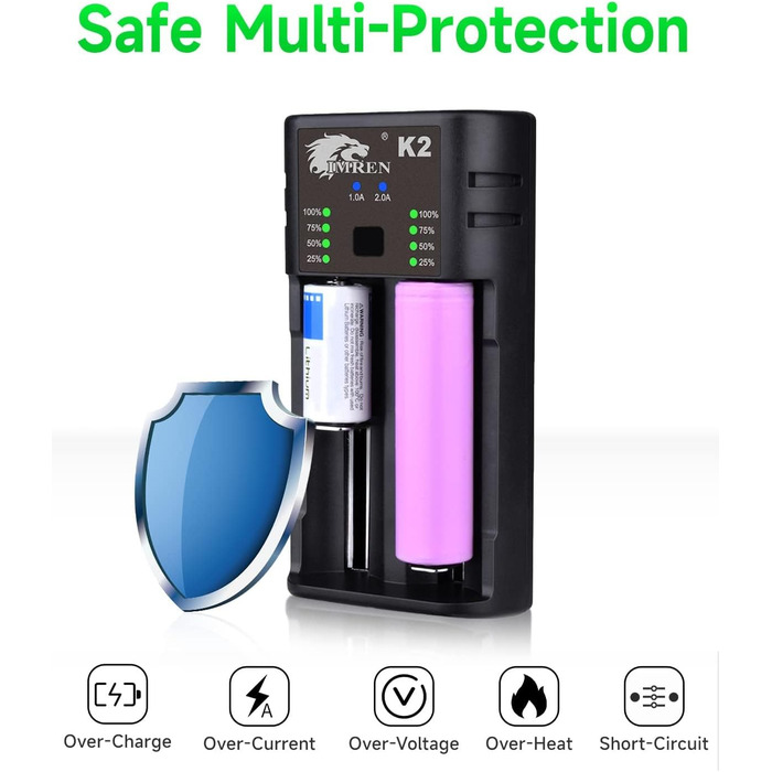 Зарядний пристрій IMREN 18650 з 4 слотами, 2A, USB-C, для акумуляторів 18350, 14500, 14650, 17500, 18700, 20700, 21700, 22650, 26650, 1.2V NI-MH/NI-Cd AA AAA C