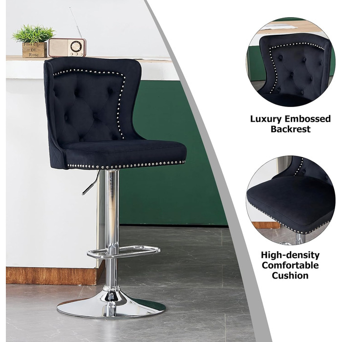 KHISCHMO Velvet Bar Stools 2-Pack - Modern Adjustable Kitchen Counter Barstools with Lion Paw Pulls - 360° Swivel, Black