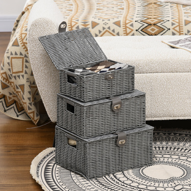 HOMCOM Storage Boxes 3-Piece Set with Lid & Buckles 18L 12L 7L for Living Room Gray