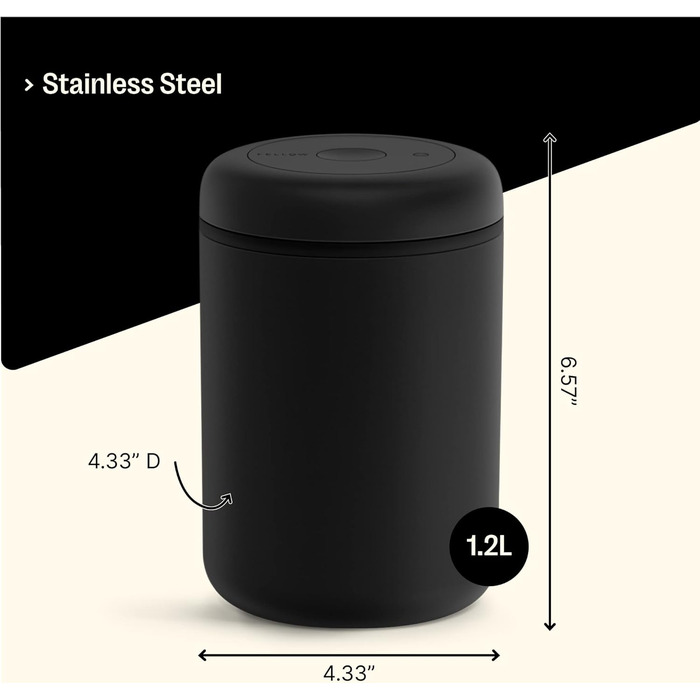 Fellow Vacuum Storage Canisters for Coffee and Food, Integrated Vacuum Pump, Airtight Seal, 1.2 Liter, Matte Black