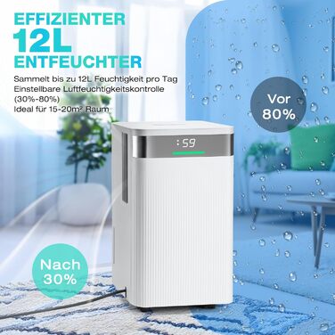 Електричний осушувач повітря HAUSHOF 12L/день, тихий (38dB), для приміщень до 20м², з LED-дисплеєм та резервуаром 2L, 3 режими, портативний осушувач для спальні, підвалу, ванної кімнати