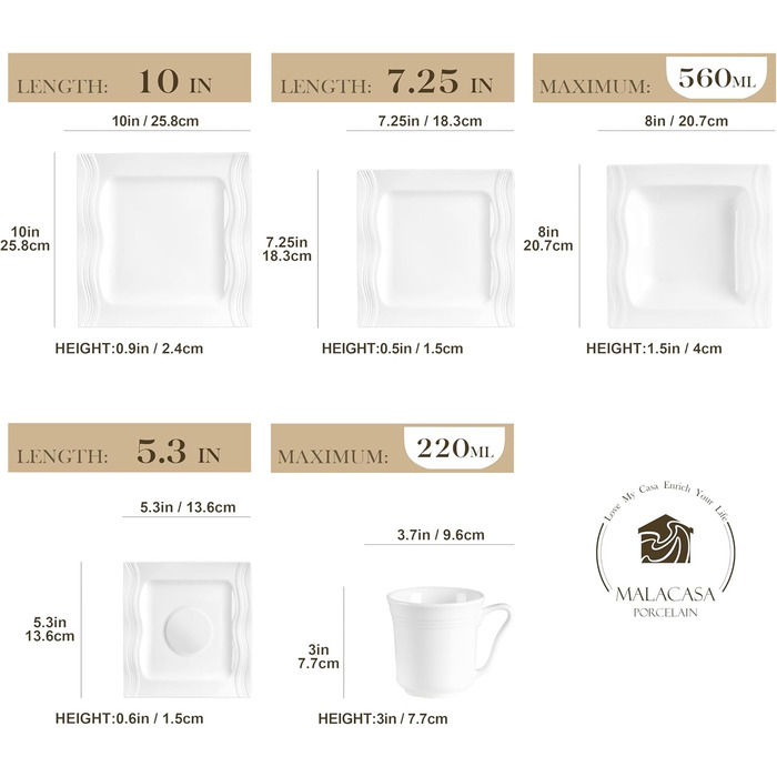 MALACASA 30-Piece Porcelain Dinnerware Set - Classic White Dinner Set with Coffee Cups, Saucers, Dessert Plates, Soup Bowls & Dinner Plates