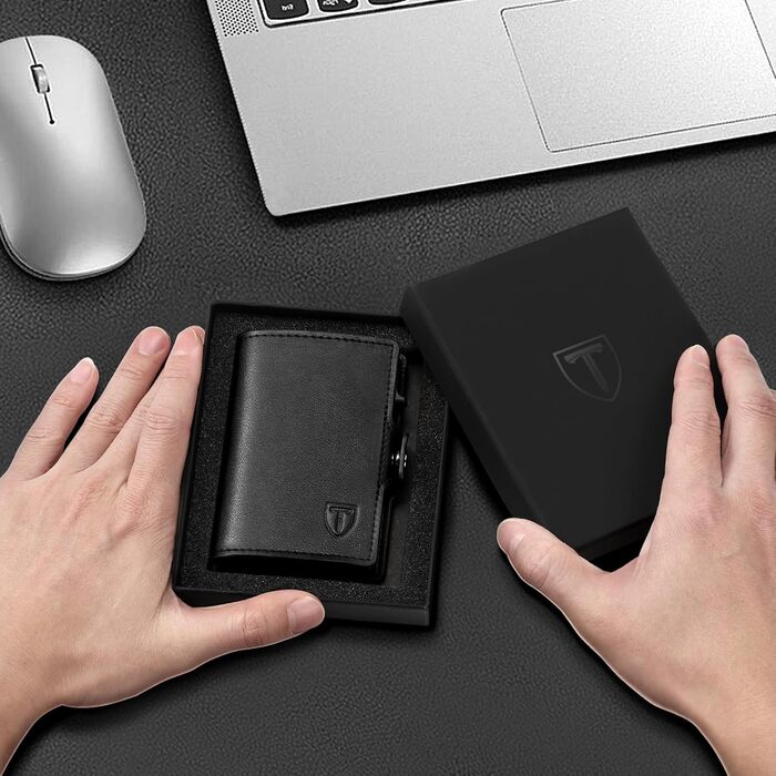 Чоловічий гаманець TEEHON з відділенням для монет та RFID захистом, тонкий, з відділеннями для карт, віконцем для ID - чорний