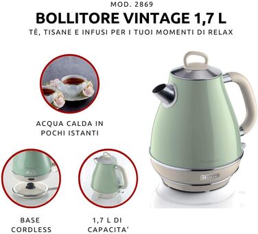 Ariete Vintage Green Electric Kettle - 1.7L Stainless Steel, 2000W, 360° Swivel Base, Automatic Shut-Off, Tea Infuser