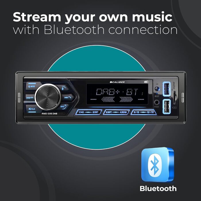 Автомагнітола Caliber 1DIN Bluetooth, DAB+/FM, 4x55Вт, USB/Micro SD, зарядка 2.1A, AUX, гучний зв'язок, RCA вихід, DAB+ антена, підтримка MP3/WMA/APE/FLAC/AAC