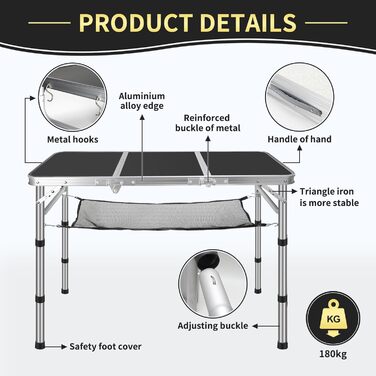 Складаний туристичний стіл CPROSP 90x40 см, чорний, регулювання висоти 26-70 см