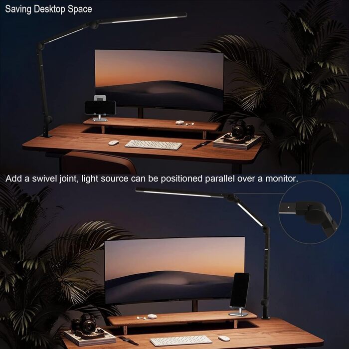 LED лампа EYOCEAN для столу з регульованою яскравістю та двома джерелами світла, архітекторська лампа для офісу, 15W, захист очей, кріпиться на стіл