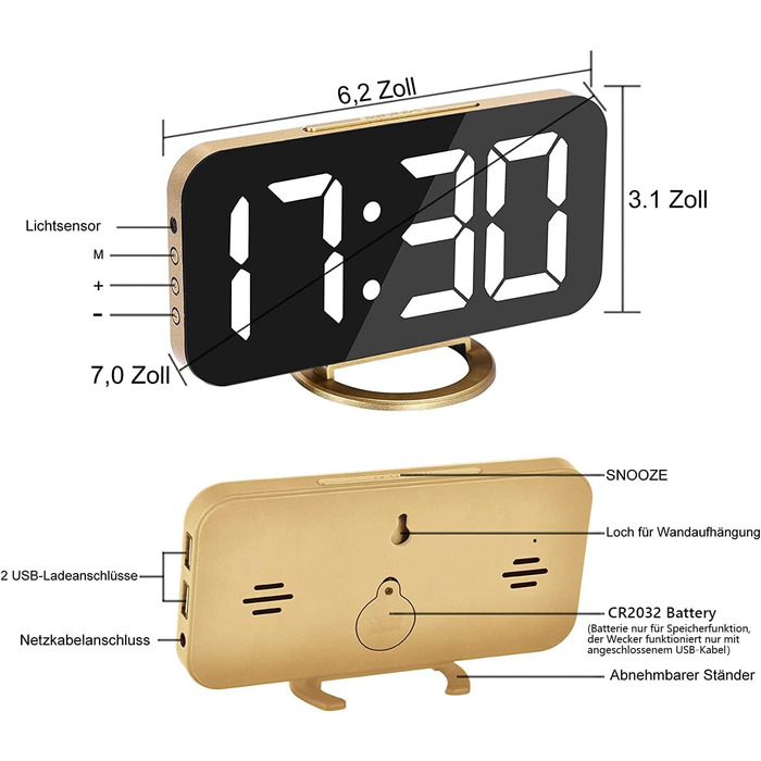Цифровий годинник SZELAM з LED-дзеркалом 7 дюймів, 2 USB-порти, функція відкладання, автоматичне регулювання яскравості, для дому, колір золотий