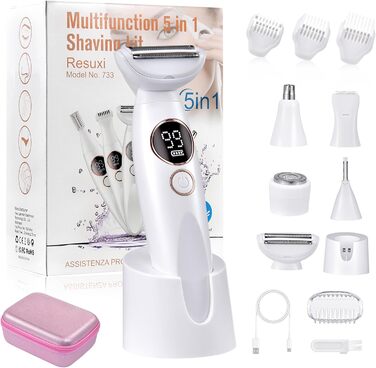 Електричний жіночий епілятор 5-в-1 з 3 насадками для бікіні, обличчя та тіла, водонепроникний (IPX7)