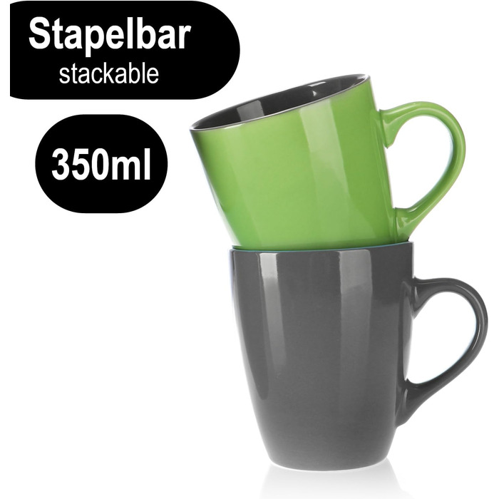 Набір керамічних чашок Com-Four® 6 шт. 350 мл - чайник для гарячих та холодних напоїв, сучасний дизайн, блакитно-зелено-сірий, з ручкою