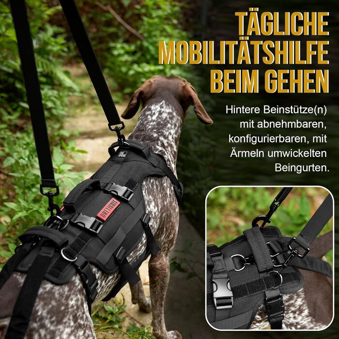 Шлейка для собак OneTigris Invictus, переносна допомога для собак середнього та великого розміру, регульована, 3 ручки, для собак з обмеженими можливостями, травмованих або літніх, чорна, L (27-41 кг, обхват шиї 45-63 см, обхват грудей 68-91 см)