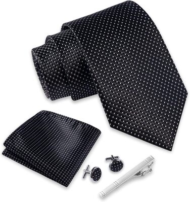 Комплект краватки Massi Morino з нагрудною хустинкою, запонками та затискачем для краватки в подарунковій коробці - Чорна краватка в крапку для весілля
