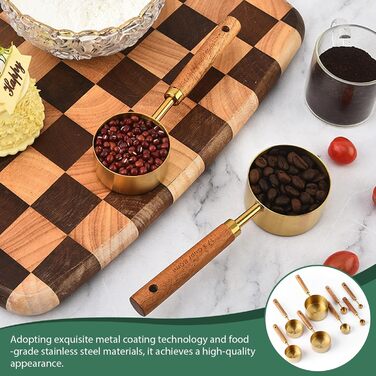 Набір мірних стаканів і ложок 8 шт, нержавіюча сталь золото з дерев'яною ручкою, метричні та американські одиниці, для приготування їжі, випічки та напоїв (60мл - 250мл)