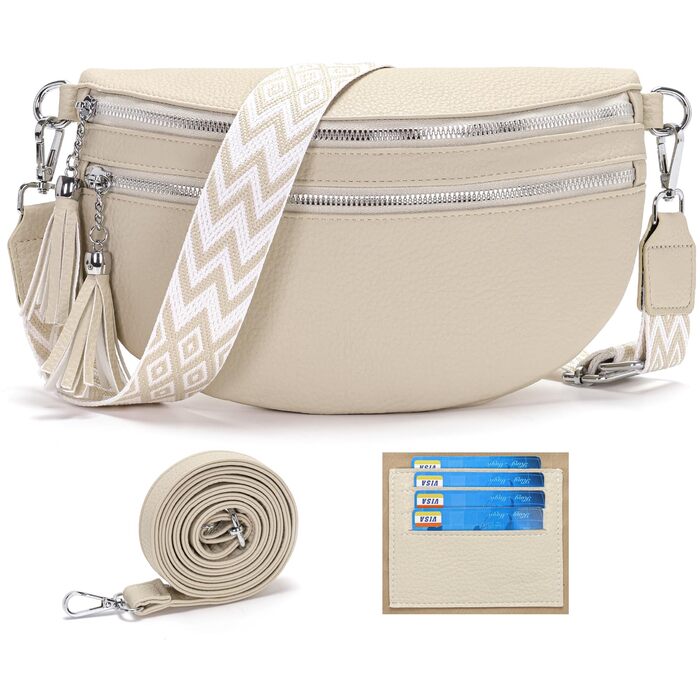 Сумка на пояс жіноча бежева через плече середнього розміру Crossbody Bag з відділенням для карт та 2 ремінцями A-beige