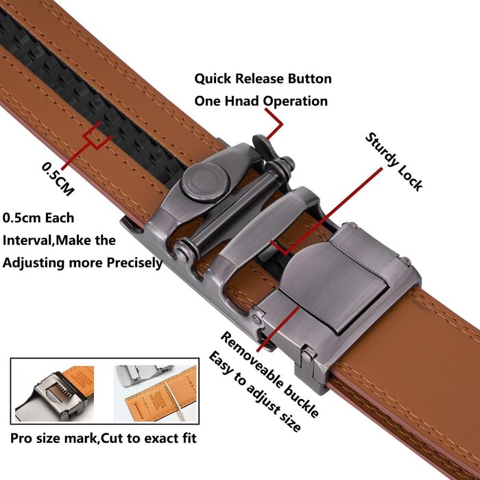 Чоловічий шкіряний ремінь VRLEGEND з автоматичною пряжкою (ратинг) без дірок для ділового костюма, розмір регулюється, з подарунковою коробкою, талія 30W-36W=довжина 110см, темно-коричневий