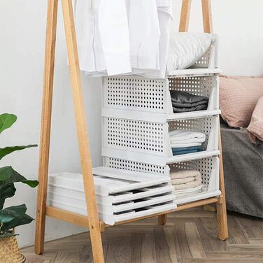 Set of 4 Stackable Folding Clothes Storage Boxes, Plastic Closet Shelves, Closet Organizer Boxes, Pull-Out Drawer-Like Design, Suitable for Home, Bedroom, Kitchen