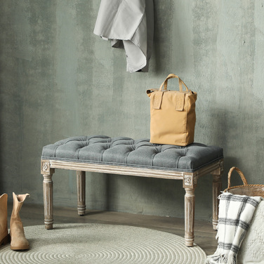 HOMCOM Upholstered Bench Gray Vintage Style Bench with Button Tufting from Rubber Wood & Linen 142x47x51cm for Dining Room & Entryway