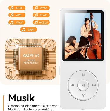 MP3 плеєр AGPTEK 64GB Bluetooth 5.3 з динаміком, радіо FM, підтримкою TF-карти 128GB, білий