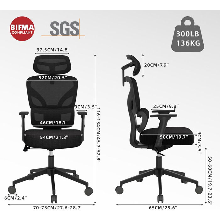 Ергономічне крісло для офісу та геймінгу з регульованою підголівником та 3D підлокітниками, підтримкою попереку, чорне