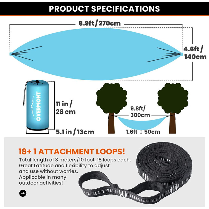 Гамак Overmont двошаровий, сертифікований TÜV, 400 кг, 280 x 185 см, нейлон, для кемпінгу та відпочинку на природі (блакитний, світло-сірий)