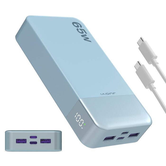 Power Bank JUOVI 65W, 20000mAh: зарядний пристрій для ноутбука та смартфона з 2 USB-C та 2 USB-A, сумісний з MacBook, iPhone, Samsung та іншими пристроями (блакитний)