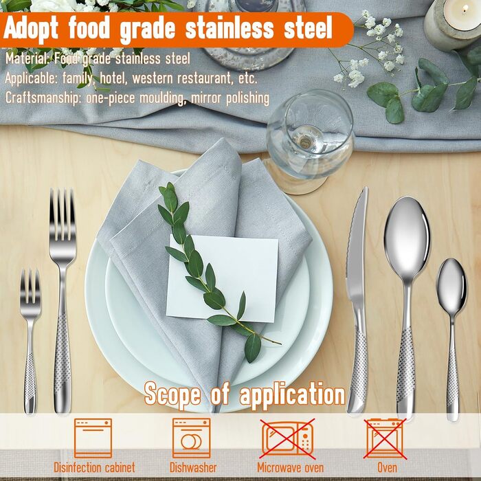 Набір столових приборів на 8 осіб, 40 предметів: ножі, виделки, ложки. Виготовлений з нержавіючої сталі, дзеркально відполірований, придатний для миття в посудомийній машині. Сріблястий колір.