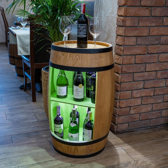 CREATIVE COOPER Fass bar LED RGB with Wine Holder - Wine Rack - Barrel House Bar 80x50cm - Rustic Decorative Bar Cabinet Wine Stand – Wine Cabinet (Oak)