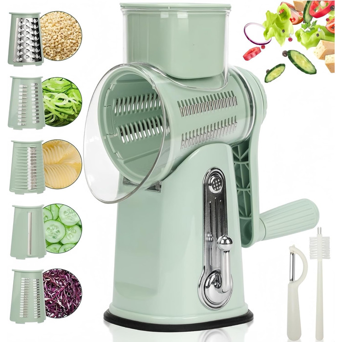 Ручна тертка для сиру та овочів з 5 зміненими лезами з нержавіючої сталі, кругла тертка з ручною рукояткою, харчовий подрібнювач для кухні, зелена коробка для зберігання