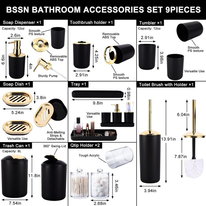 9-Piece Bathroom Accessory Set – Trash Can, Soap Dispenser Set, Soap Dish, Toilet Brush Holder, Toothbrush Holder, Cup, Tray, Cotton Swab Holder, Black and Gold