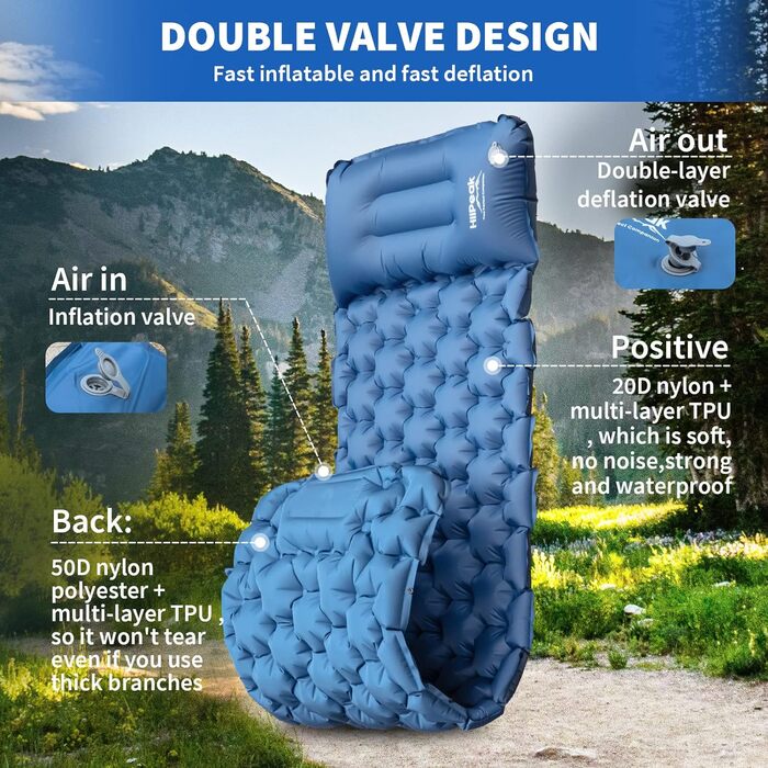 HiiPeak Self-Inflating Sleeping Pad High Camping Air Mattress with Integrated Headrest Outdoor Camping Mat Sleep Mat Small Pack Size with Foot Pump Air Cell Pad Inflatable Blue