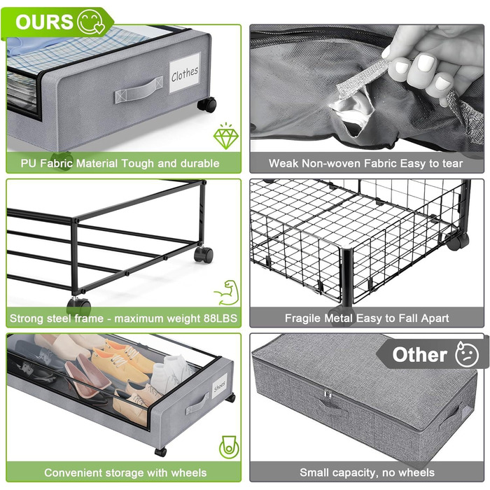 Коробки для зберігання під ліжко 2 шт. 50л з роликами, чорні - органайзер для одягу, взуття, ковдр, постільної білизни