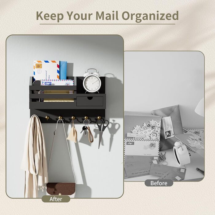 Настінна органайзер для ключів з 6 гачками та шухлядою, дерев'яна полиця для ключів, настінна вішалка для ключів, для прихожей, офісу, вітальні (білий)