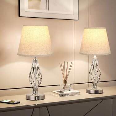 Настільна лампа Kakanuo 2 шт., торшер з торшером, регульоване торшером, USB-порт A+C, сірий абажур, 2 LED-лампи, сучасний дизайн для спальні, вітальні, офісу, декору (C-beige)