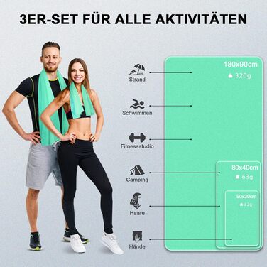 Набір рушників з мікрофібри, швидковисихаючі, 3 шт. (180x90см, 80x40см, 50x30см), для подорожей, спорту, пляжу (світло-зелений)