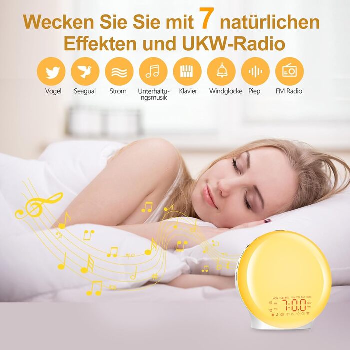 Bluetooth Alarm Clock, Daylight Alarm Clock, Wake-Up Light with Sunrise/Sunset Simulation, 17 Color Lights, 22 Sleep Sounds, Snooze, Two Alarms, FM Radio, for Heavy Sleepers & Kids