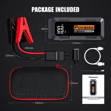 Powerbank Starthilfe Povasee UltraSafe для автомобіля 12V: Jump Starter з LED, 5000A, 2 USB-виходи (до 10л бензину/8л дизеля)