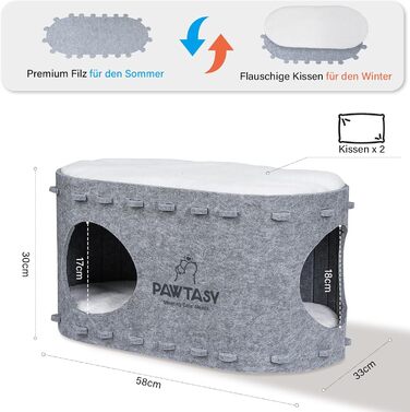 Felt Cat Cave Bed Cat House for Indoor Cats, Cave with 2 Soft and Warm Cushions, Winter-Proof, Protects Cat Claws, 58W x 33D x 30H cm, (Gray)