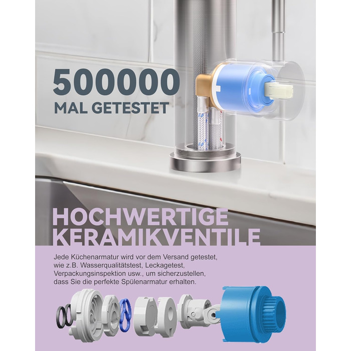 Кухонний змішувач iVIGA висувний з дозатором, водоспад, 360° поворот, 3 режими, щіткова нікель, T-подібний