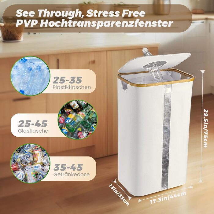 Laundry basket with 2 compartments, deposit bottle collection container with lid, container for deposit bottles & glass recycling & paper waste, deposit bottle container bamboo with bag, must-have (Beige, 100L)