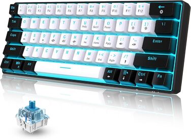 Механічна ігрова клавіатура Snpurdiri 60% з блакитними LED, 61 клавіша, Anti-Ghosting, два підставки (блакитний перемикач/чорно-білий блакитний колір)