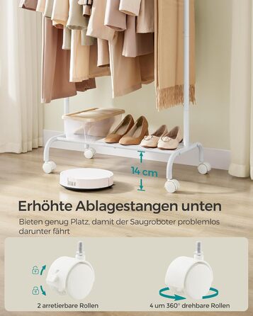 SONGMICS Clothes Rack with Wheels, Extendable Clothes Rod, Clothes Rail from Steel Pipes, Elevated Storage Rod, 40 x (83-120) x 156 cm, Cloud White HSR134W01