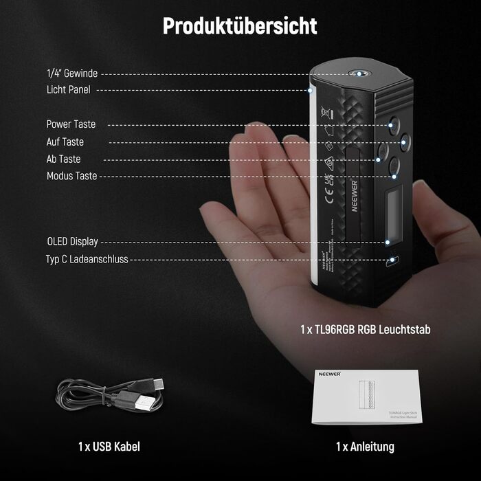 NEEWER LED відеоліхтар з магнітним кріпленням та штативом, RGB, 2500-8500K, 2500mAh, TL96RGB