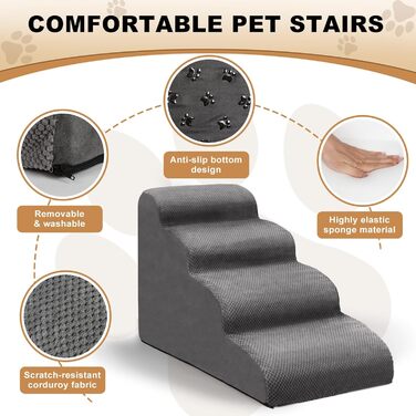 Сходинки для собак маленьких порід Otauoaea: 4 сходинки, протиковзкі, для диванів та ліжок, знімний чохол, сірий колір