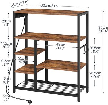 HOOBRO Поличка кухонна з розеткою (3 розетки з вимикачем), підлогова, для мікрохвильової печі з 3 знімними S-гачками, 5 ярусів, для кухні та вітальні, вінтажний коричневий та чорний колір, EBF25CHB01