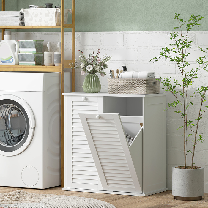 Шафа для білизни HOMCOM, тумба у ванну кімнату з 2 кошиками для білизни, шафка для ванної кімнати з ручками, жалюзійні дверцята для збору білизни, меблі для ванної кімнати 70 x 38 x 73 см, білий колір | Aosom