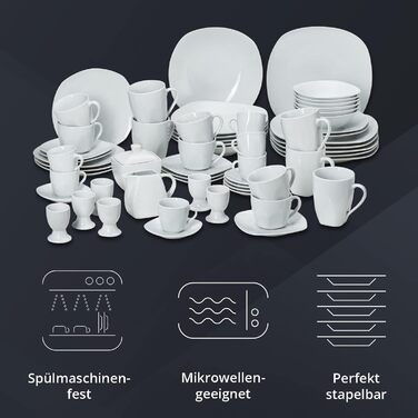 Набір посуду KHG Kombiservice 62 елементи | Білий сервіз для 6 осіб з якісного порцеляну | Класичний дизайн | З цукерницею, ложками для яєць та молочником