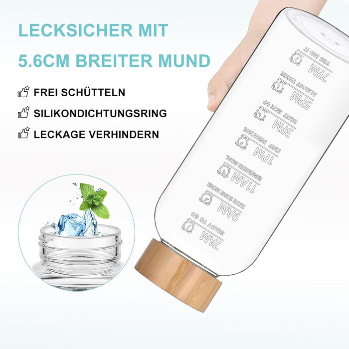RNCKUUE 2 Liter Glass Bottle, 2l Glass Drinking Bottle, Glass Water Bottle with Filter, Neoprene Sleeve, Bottle Brush (1500 ml, Bamboo Lid)