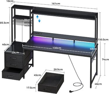 Ігровий стіл Coleshome з полицею та ящиками, 137×48 см. Стіл для геймінгу з LED-підсвіткою та розеткою, комп'ютерний стіл з місцями для зберігання та підставкою для монітора (Carbon Fiber Black, 161×48 см)